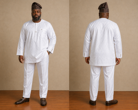Elegant White Guinea Brocade Traditional Set – Relaxed Fit with Decorative Wrist Detail