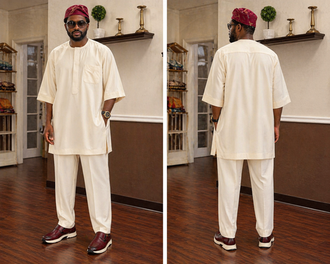 Cream Silk Lycra 3/4 Sleeve Traditional Set with Wine Accents