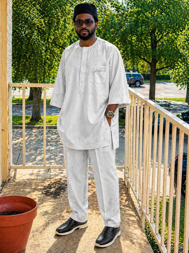 Luxury White Floral Senator Set with Side Pocket Detail