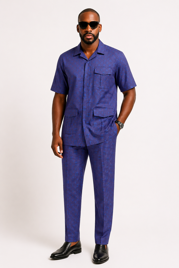 Royal Blue Patterned Safari Set with Dual Utility Pockets
