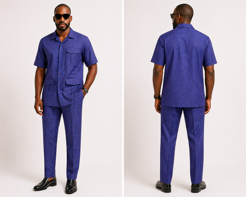 Royal Blue Patterned Safari Set with Dual Utility Pockets