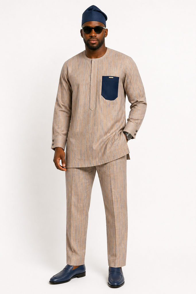 Beige Viscose Senator Set with Navy Pocket Detail & Tailored Finish