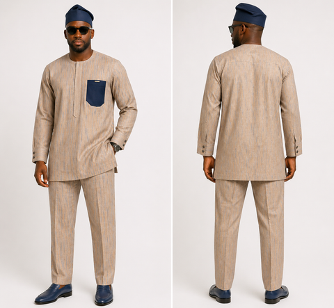 Beige Viscose Senator Set with Navy Pocket Detail & Tailored Finish