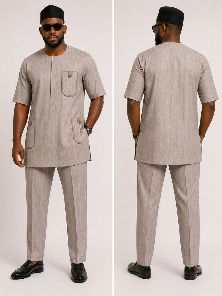 Beige Textured Senator Set with Framed Chest Pocket & Utility Detail