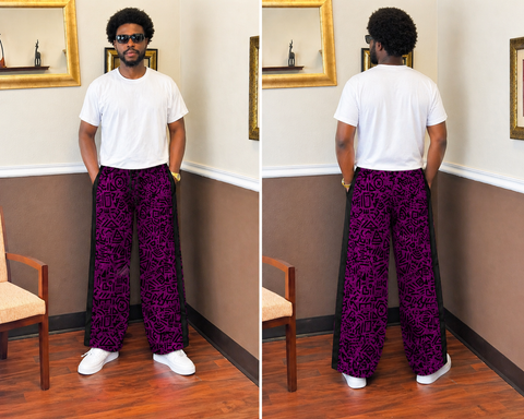 Purple Statement Wide-Leg Pants with Black Aso-Oke Side Detail
