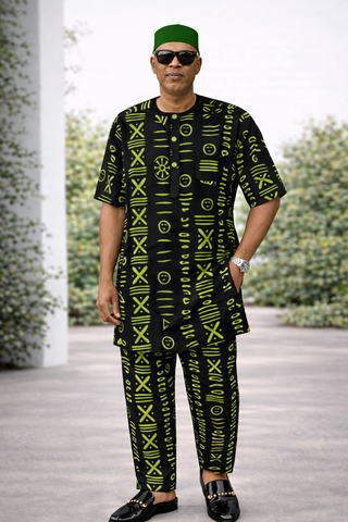 Black & Green Ankara Fitted Senator Set with Woven Button Detail