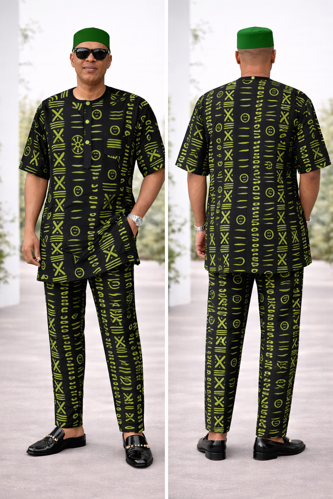 Black & Green Ankara Fitted Senator Set with Woven Button Detail