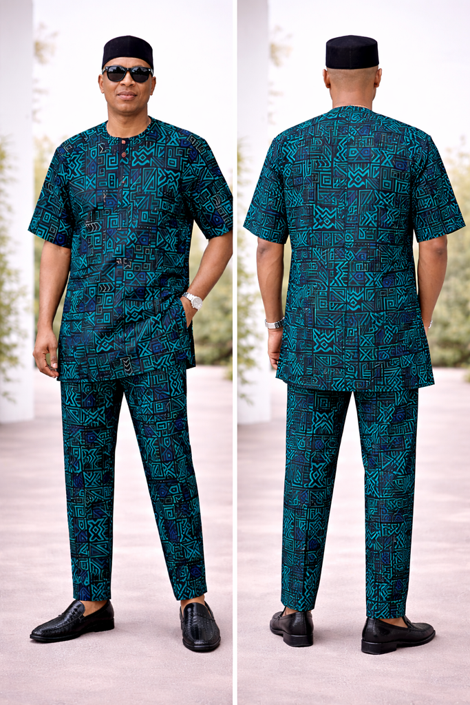 Teal & Black Ankara Fitted Senator Set with Single Button Detail