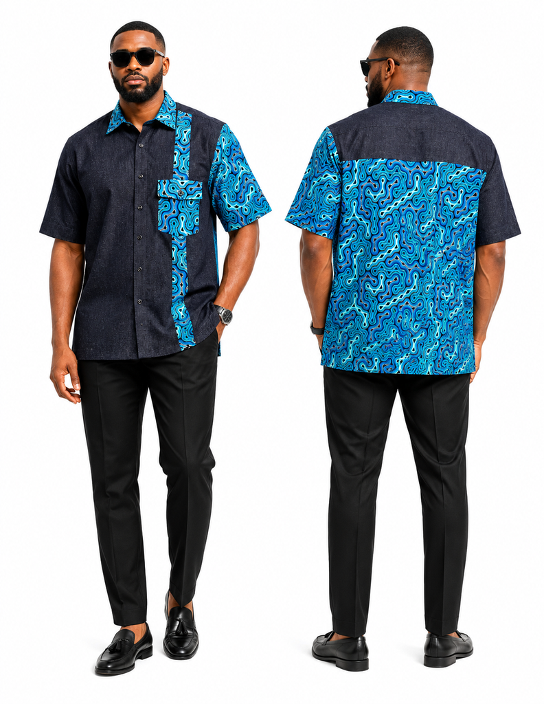 FloFlourish Black Denim & Ankara Fusion Men’s Shirt