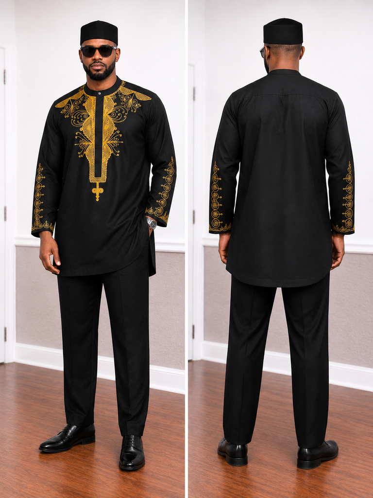 Royal Gold Embroidered Black Senator Set