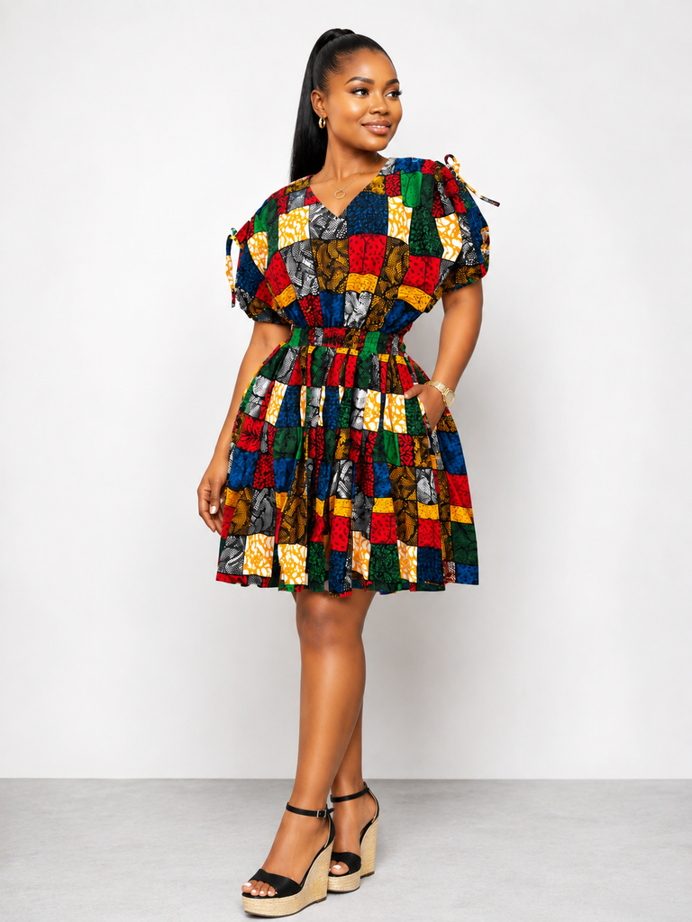 Ankara Patchwork V-Neck Flare Dress