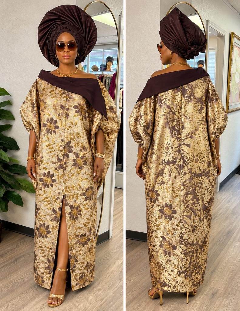 Golden Bold Collar Blossom Damask Bubu Dress