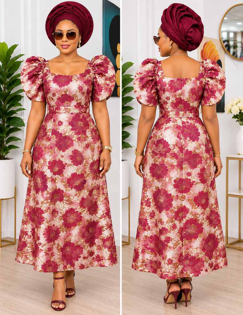 FloFlourish Royal Wine & Gold Floral Damask Maxi Dress