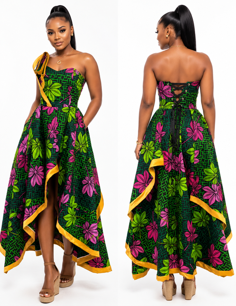 Emerald Bloom Ankara High-Low Corset Dress