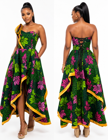 Emerald Bloom Ankara High-Low Corset Dress