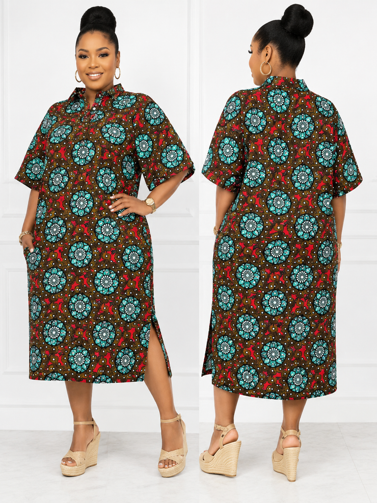Turquoise Medallion Ankara Midi Dress