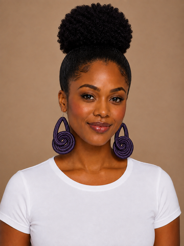 Handwoven Raffia Spiral Loop Earrings – Natural and Deep Purple  African Statement Earrings
