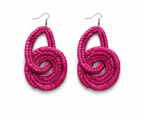 African Handwoven Raffia Statement Earrings – Red, Yellow & Natural