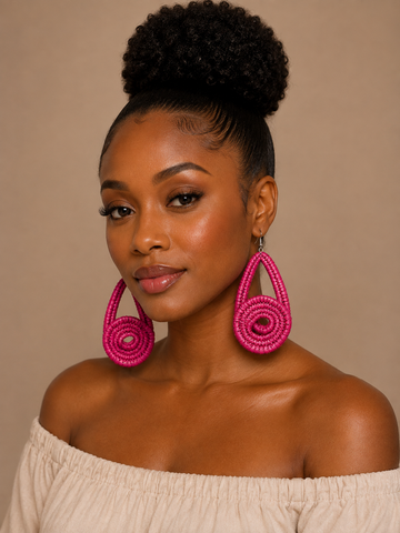 African Handwoven Raffia Statement Earrings – Red, Yellow & Natural