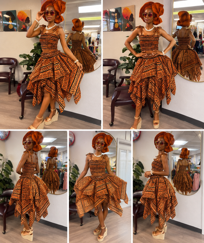 FloFlourish Sunset Orange Ankara Smocked Crop Top & Handkerchief Skirt Set