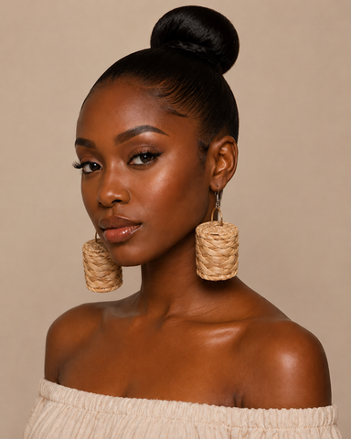 Handwoven Raffia Geometric Drop Earrings – Natural African Statement Earrings