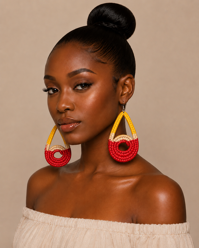African Handwoven Raffia Statement Earrings – Red, Yellow & Natural