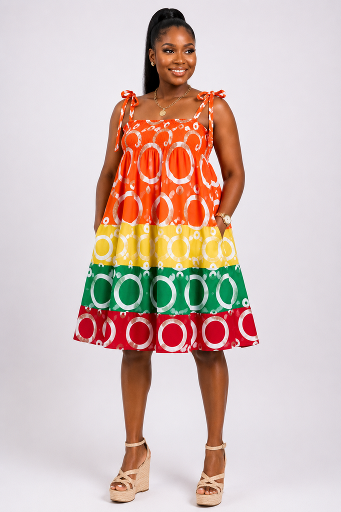 Vibrant Multicolor Ankara Smocked Spaghetti Strap Pocket Dress