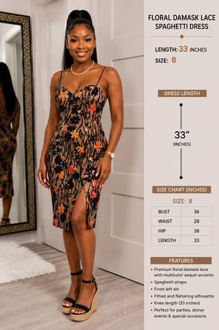 Elegant Floral Damask Lace Spaghetti Strap Slit Dress