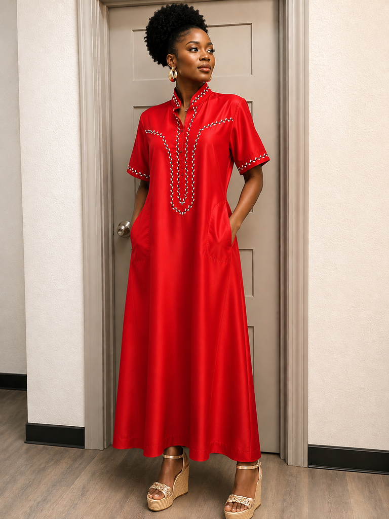 Royal Red Embroidered  Kaftan Maxi Dress