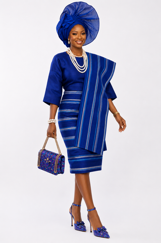 Royal Blue Auto Gele & Oleku Aso-Oke Ensemble with Matching Statement Accessories