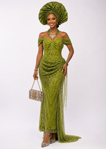 Olive Green French Lace Side-Drip Off-Shoulder Gown with Auto Gele & Luxury