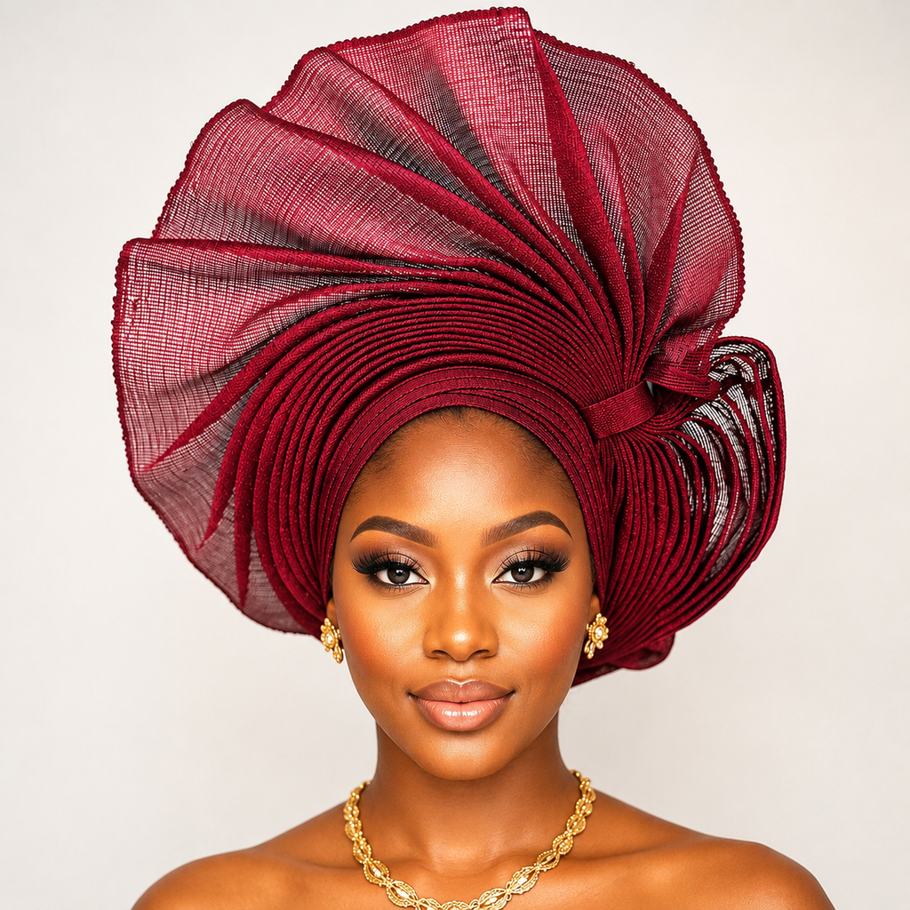 Burgundy Auto Net Aso-Oke Gele – Luxury Sculpted Statement Headpiece