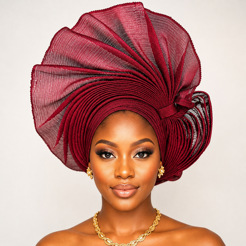 Burgundy Auto Net Aso-Oke Gele – Luxury Sculpted Statement Headpiece