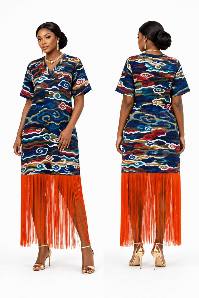 Abstract Wave Print Fringe Midi Dress