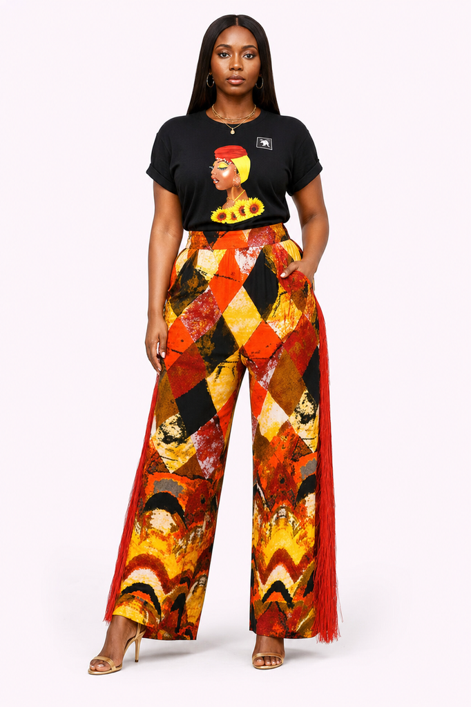 Bold Ankara Print Fringe Wide-Leg Pants