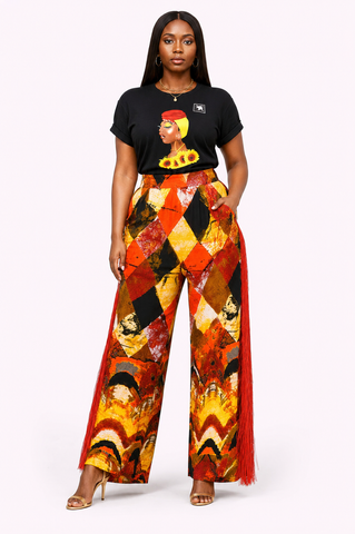 Bold Ankara Print Fringe Wide-Leg Pants