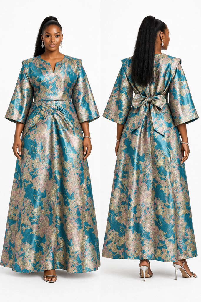 Luxury Brocade Bow-Back Maxi Dress