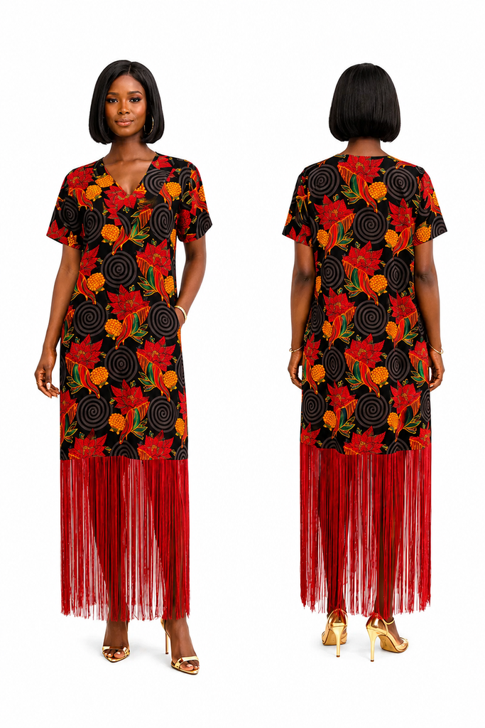 Floral Ankara Fringe Midi Dress