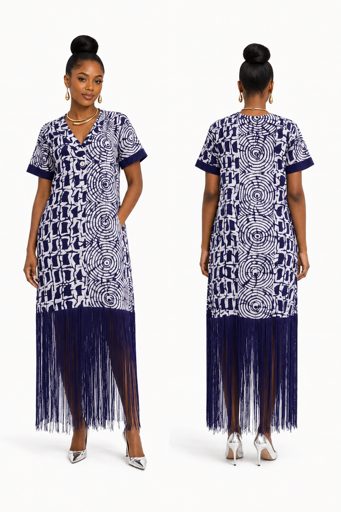 Indigo Batik Fringe Midi Dress
