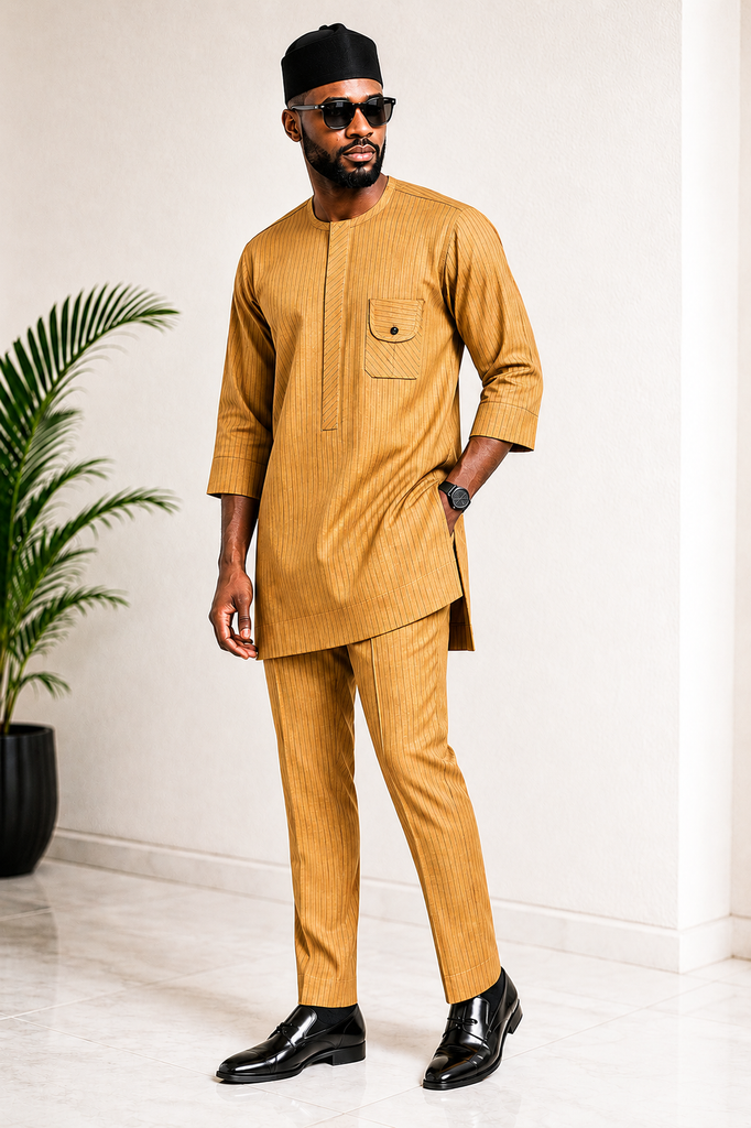 Men's Rust Yellow Premium Pinstripe Senator Set with Statement Pocket