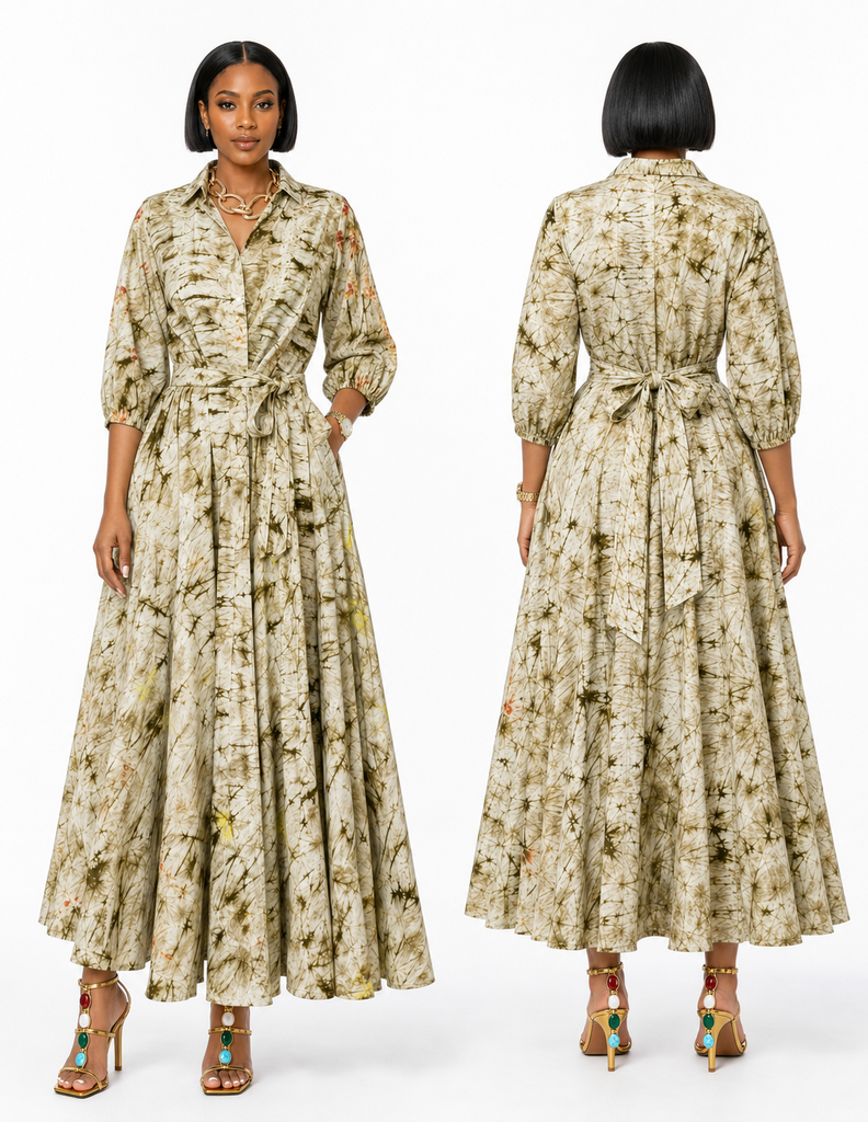 Earth-Tone Tie-Dye Flared Wrap Maxi Dress