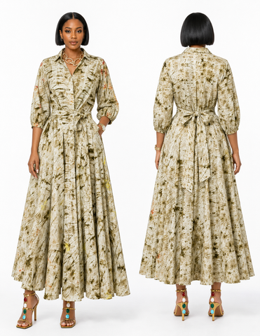 Earth-Tone Tie-Dye Flared Wrap Maxi Dress