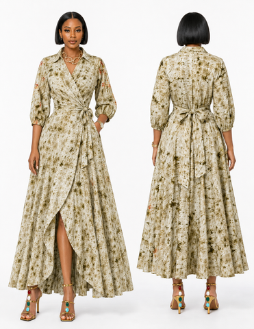 Earth-Tone Tie-Dye Flared Wrap Maxi Dress