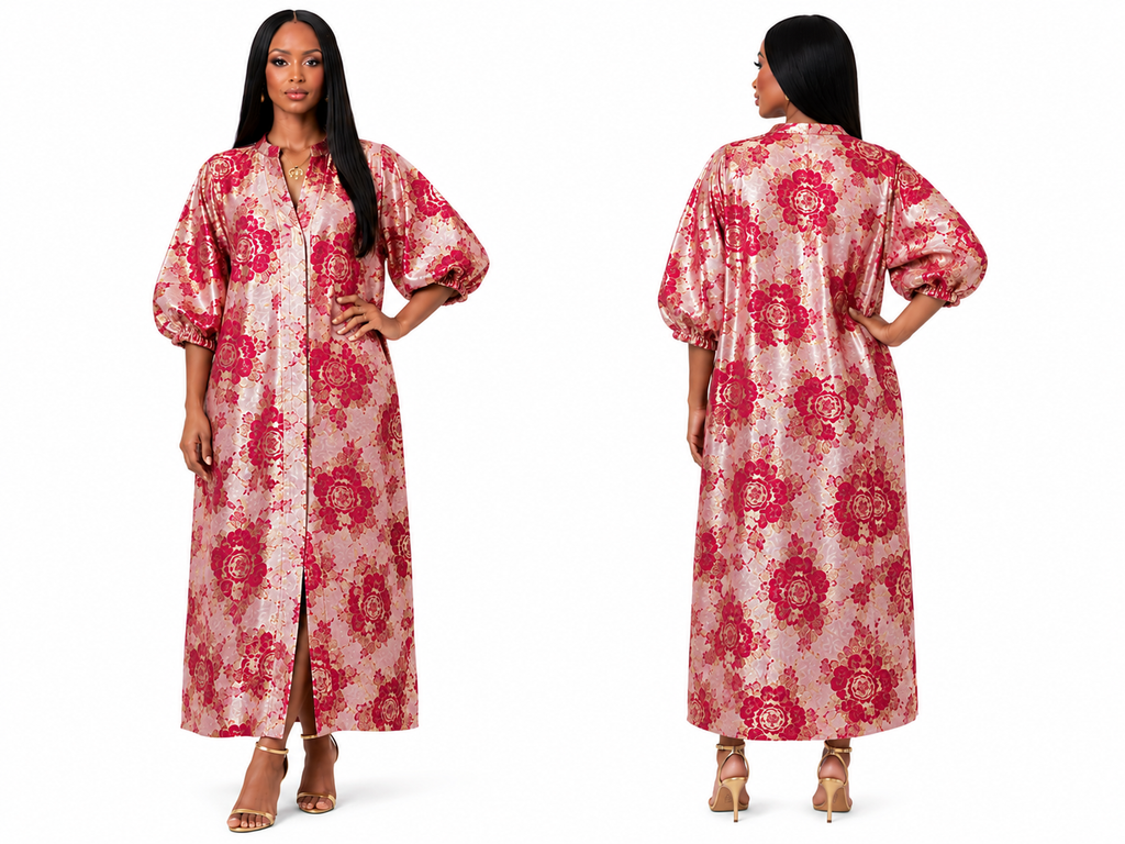 Blush Pink & Gold Floral Luxe Kaftan Bubu Maxi Dress