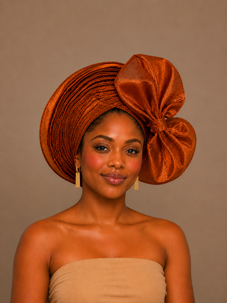 Copper Glow Auto Organza Net Gele – Side Big Bow (Right Front)