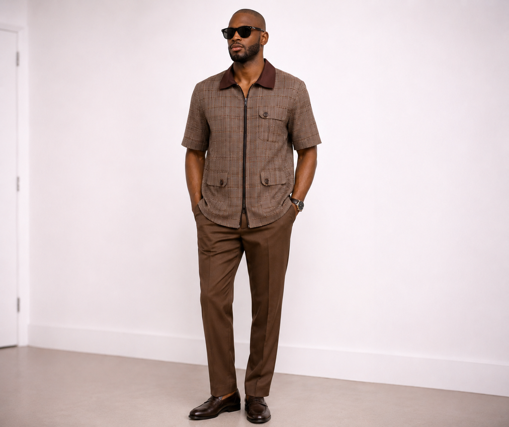 Classic Brown Check Zip-Up Senator Set with Slim Fit Trousers