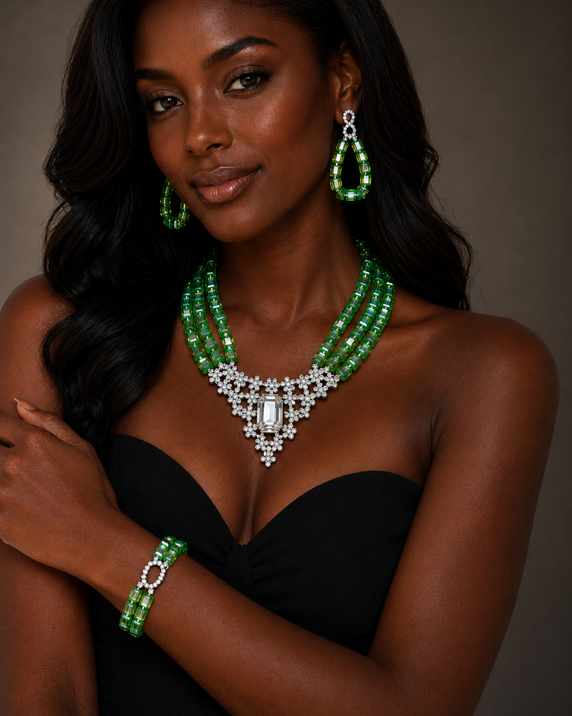 Emerald Crystal Floral Statement Jewelry Set