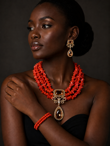 Royal Coral Statement Necklace & Bracelet Set