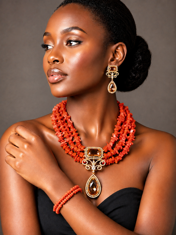 Royal Coral Statement Necklace & Bracelet Set