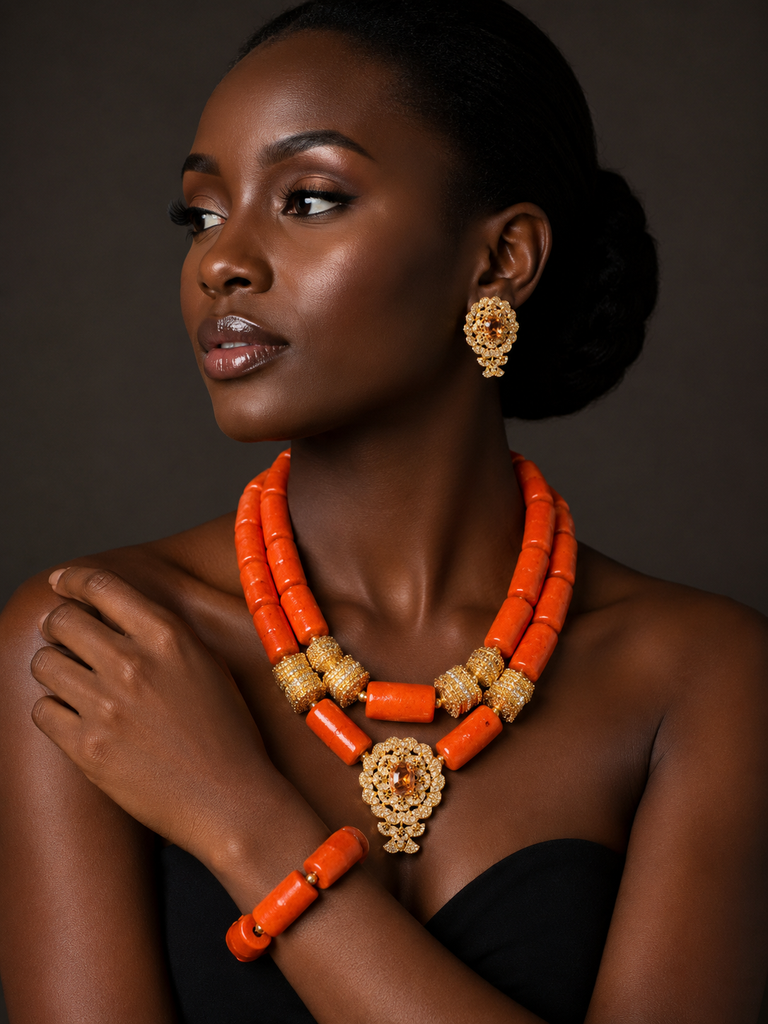 Royal Orange Coral Statement Bead Jewelry Set